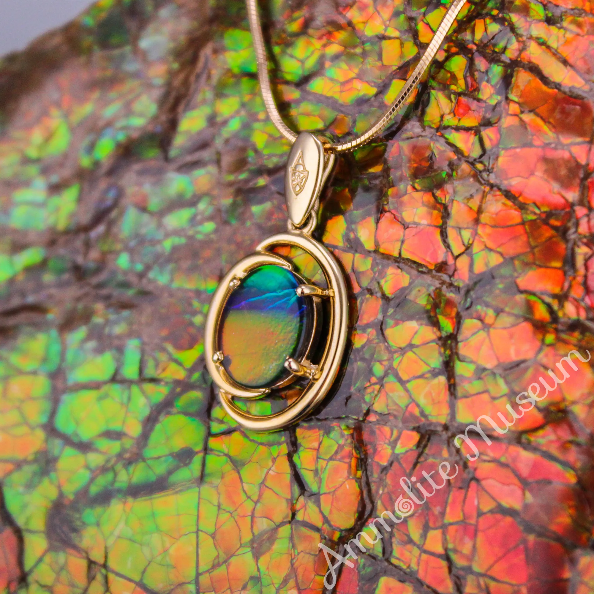 14K Gold Oval Harmony Ammolite Pendant