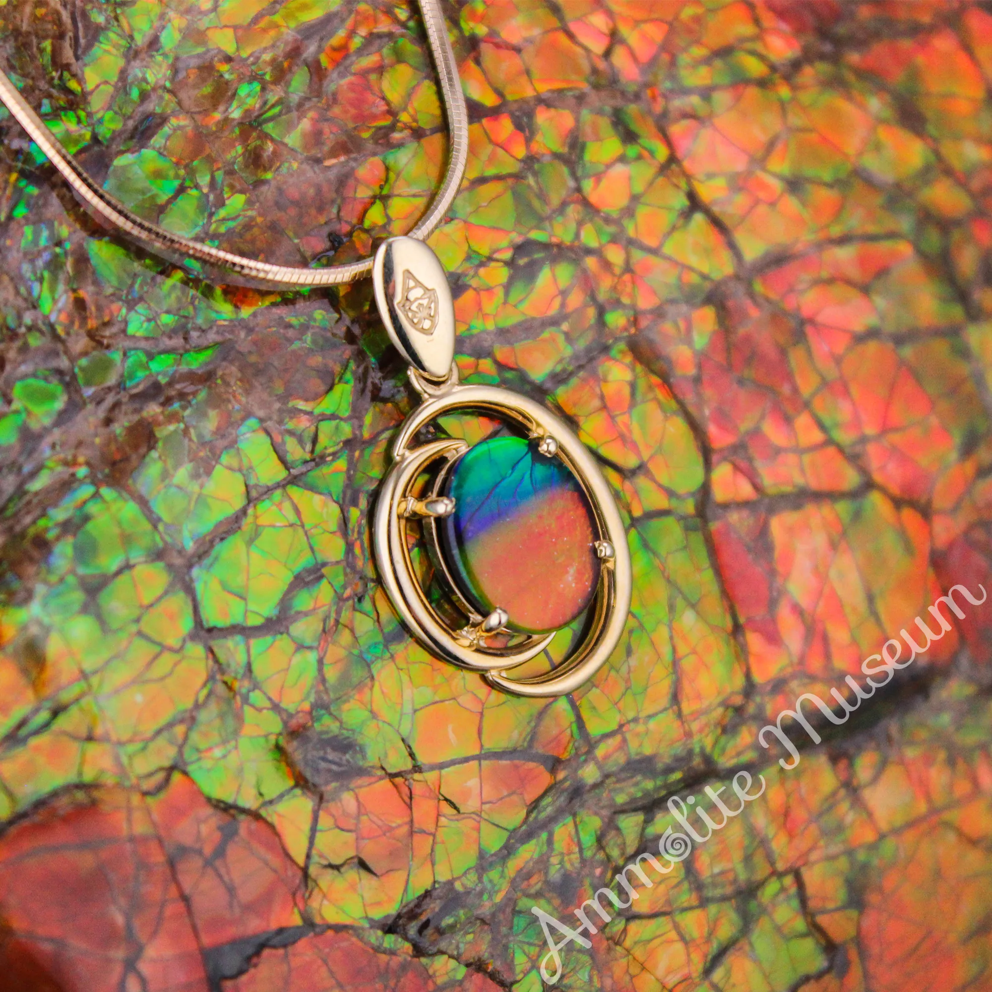 14K Gold Oval Harmony Ammolite Pendant