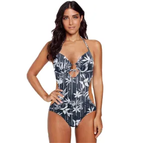 2021 Summer Women LA CISNE swimsuit new floral leaf floral print one-piece halter Sizes S -2XL