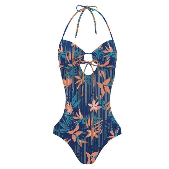 2021 Summer Women LA CISNE swimsuit new floral leaf floral print one-piece halter Sizes S -2XL