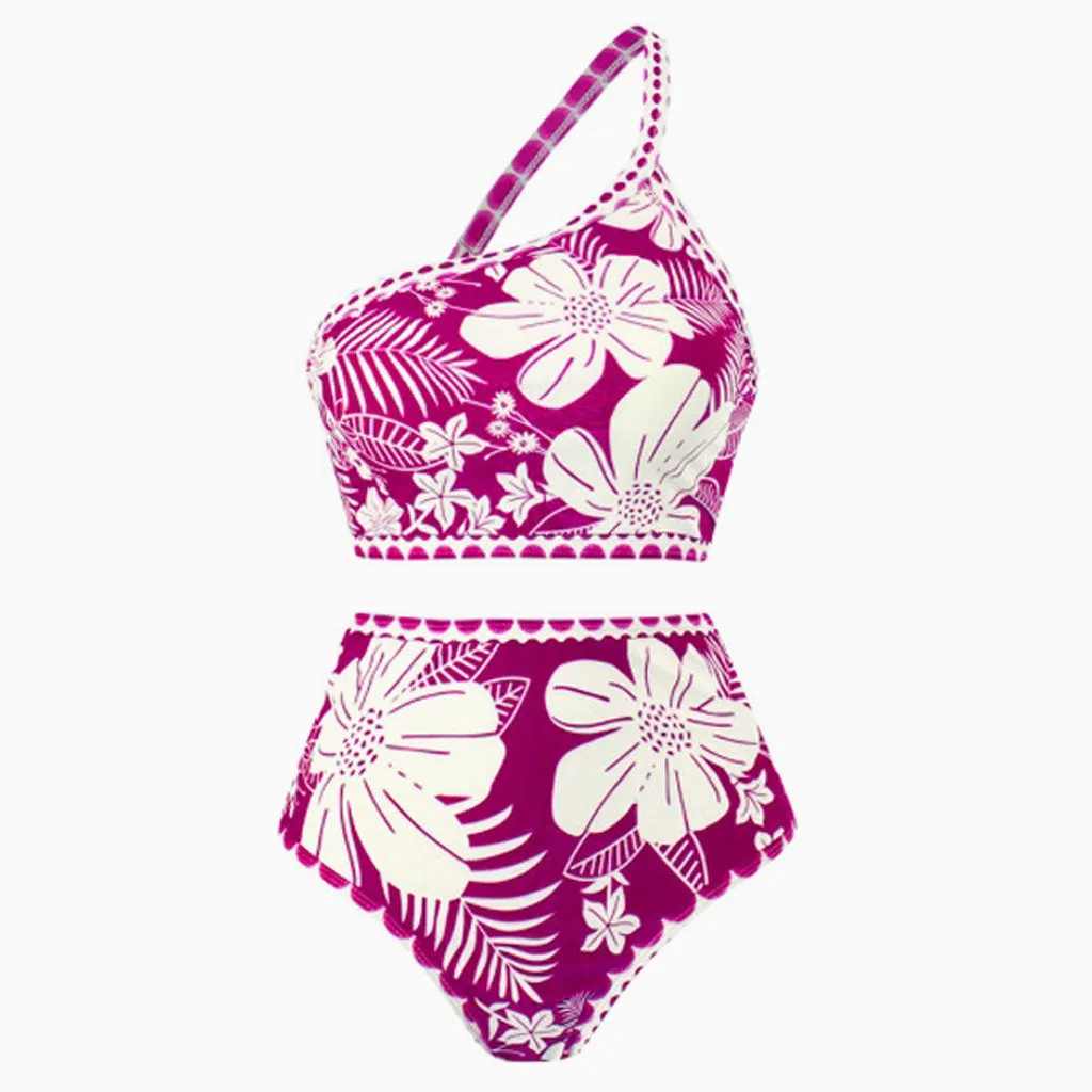 Asymmetrical Contrast Floral High Waist Moderate Crop One Shoulder Bikini Set