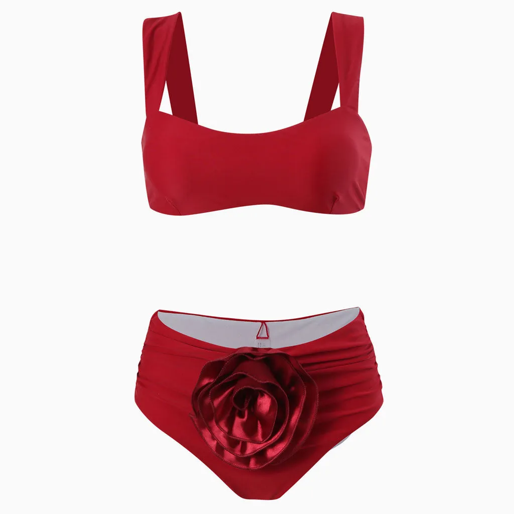 Athletic Rosette Ruched High Waist Cheeky Scoop Neck Bralette Bikini Set