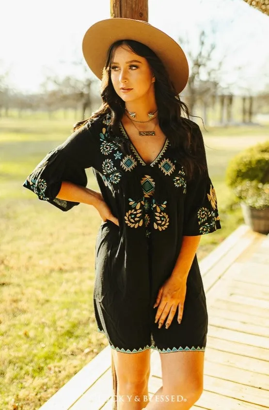 Black Turquoise Cream Aztec Embroidery Dress DR010