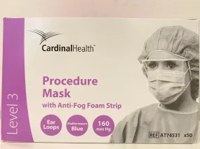 Cardinal Level 3 Fluid Resistant  Surgical Face Mask- Earloop, Antifog- Blue- Case of 6 boxes (300 pcs)