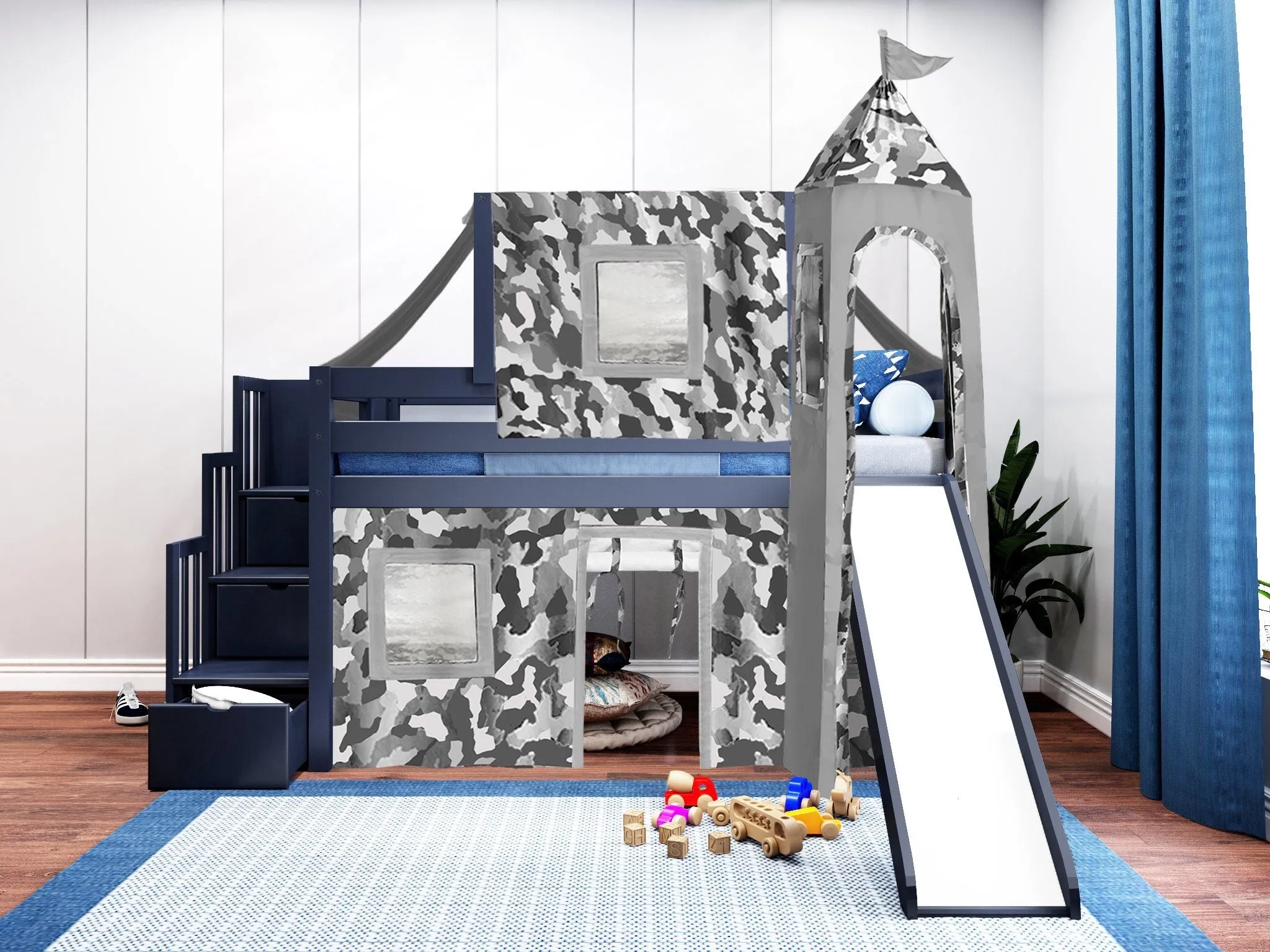 Castle Twin Loft Bed BLUE, Stairs Slide Gray Camo Tent