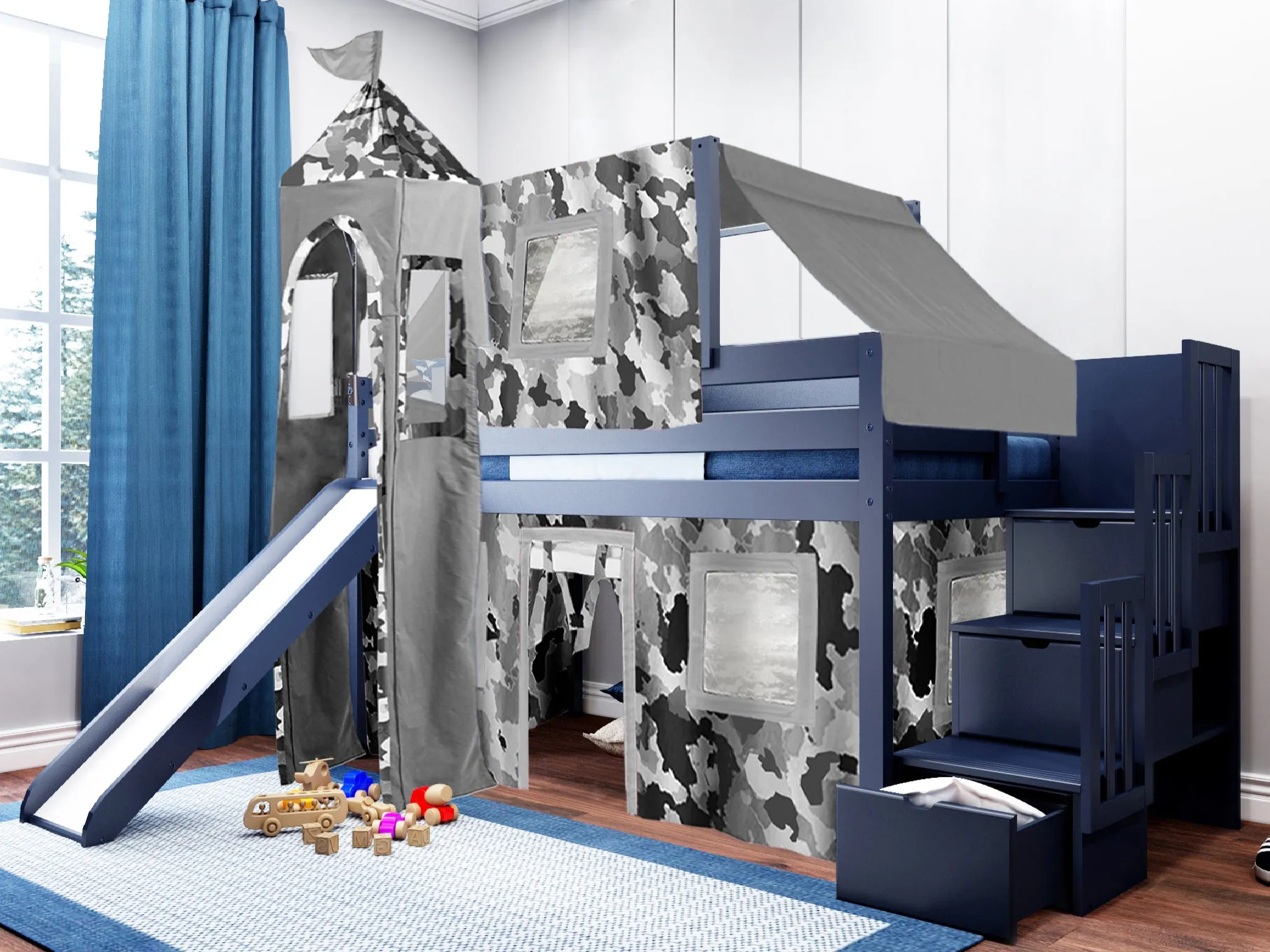 Castle Twin Loft Bed BLUE, Stairs Slide Gray Camo Tent