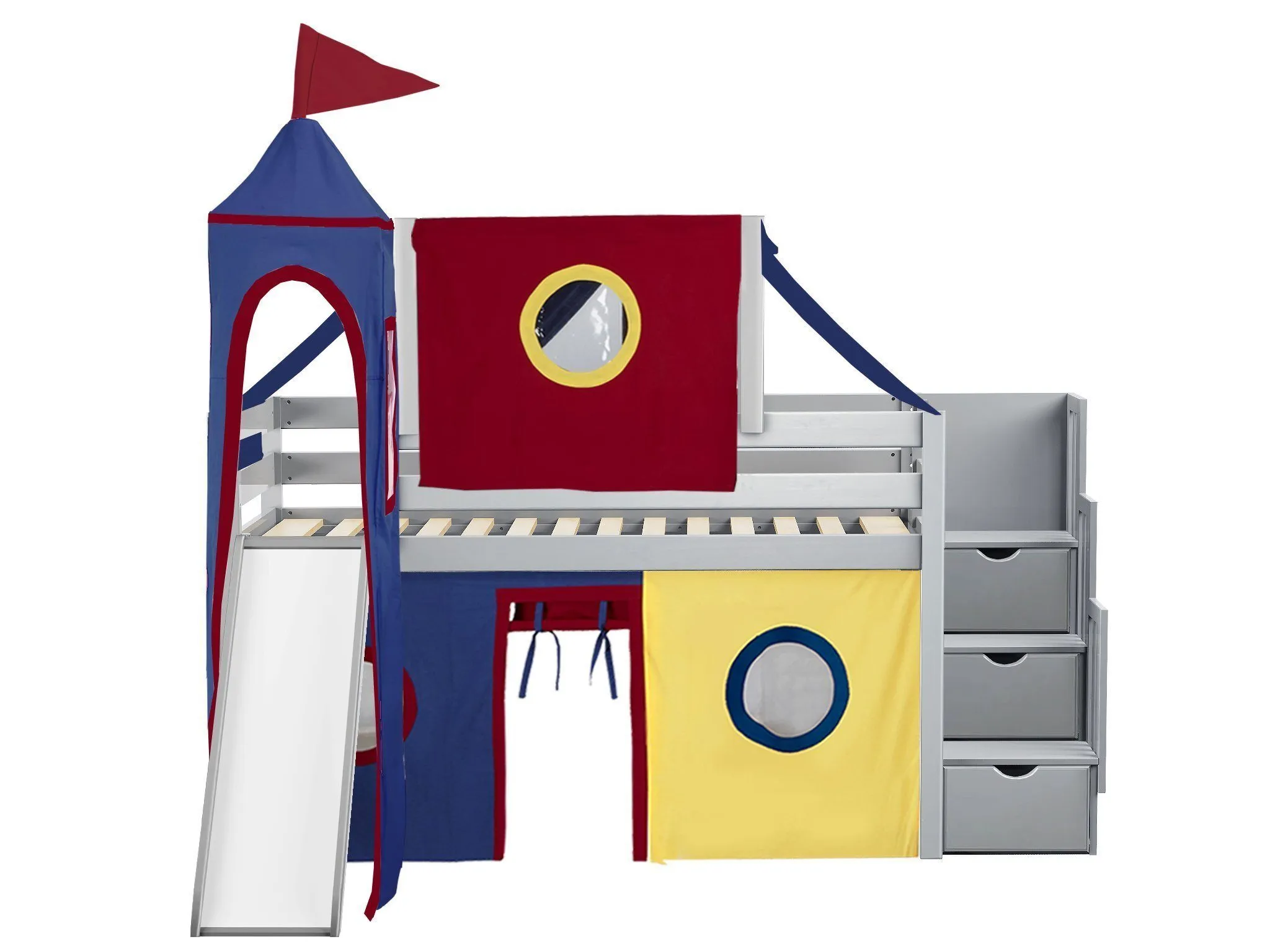 Castle Twin Loft Bed GRAY, Stairs Slide Red Blue Yellow Tent