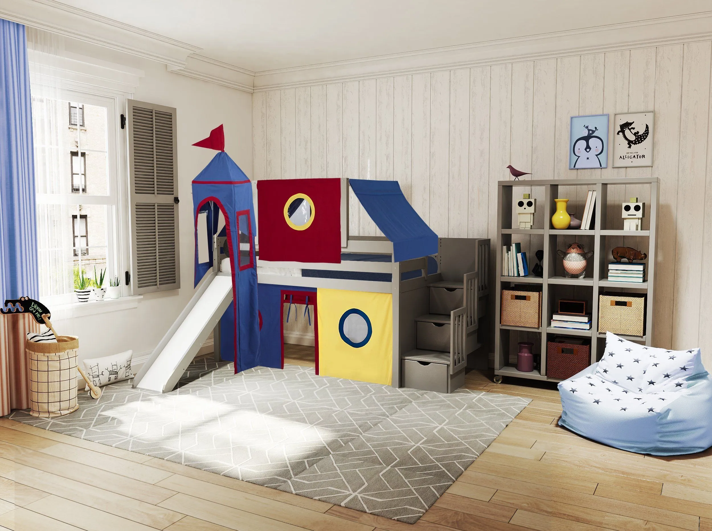 Castle Twin Loft Bed GRAY, Stairs Slide Red Blue Yellow Tent