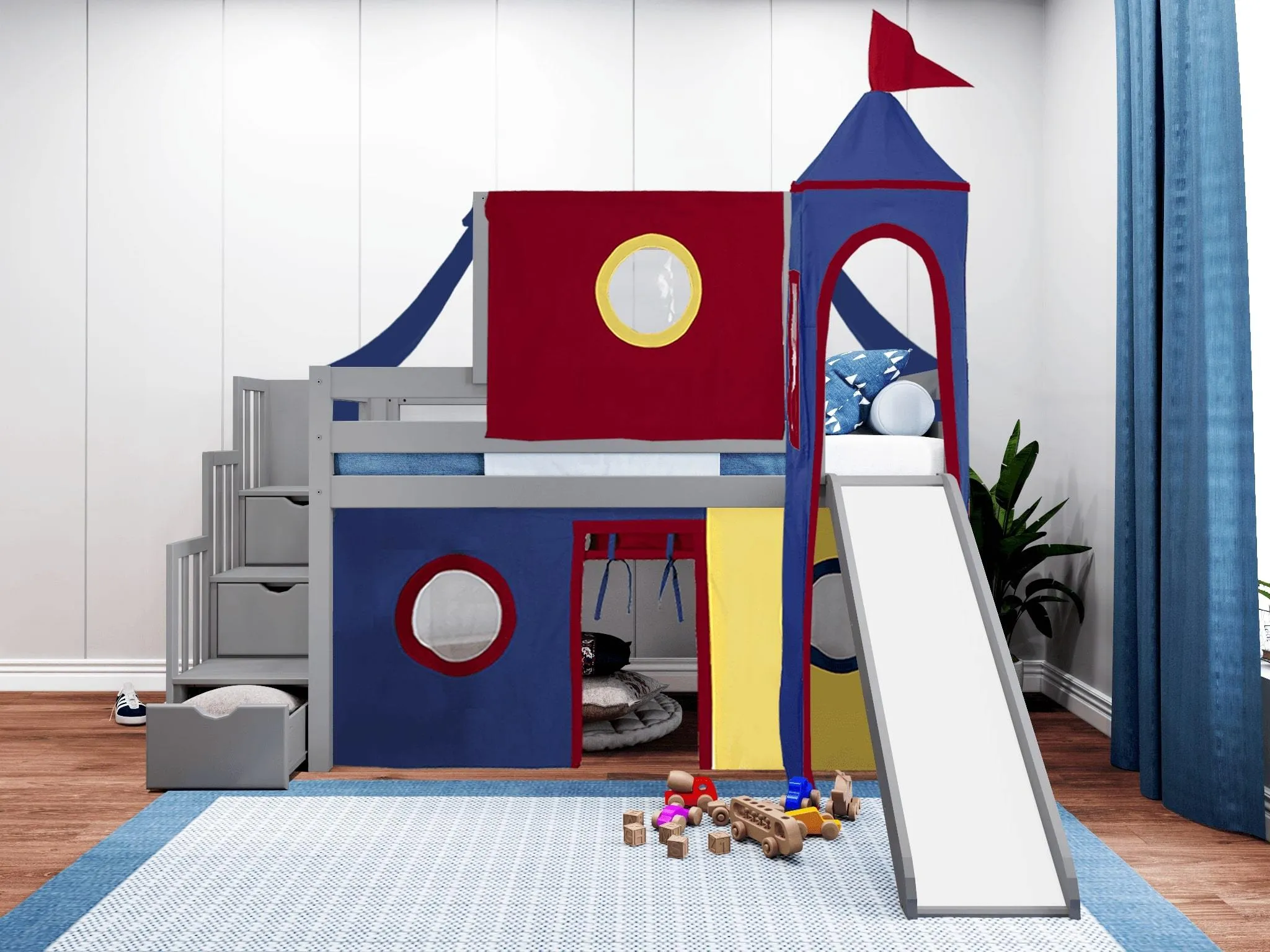 Castle Twin Loft Bed GRAY, Stairs Slide Red Blue Yellow Tent