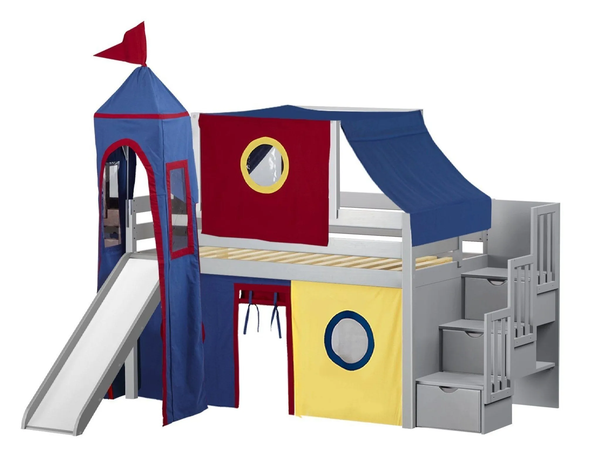 Castle Twin Loft Bed GRAY, Stairs Slide Red Blue Yellow Tent