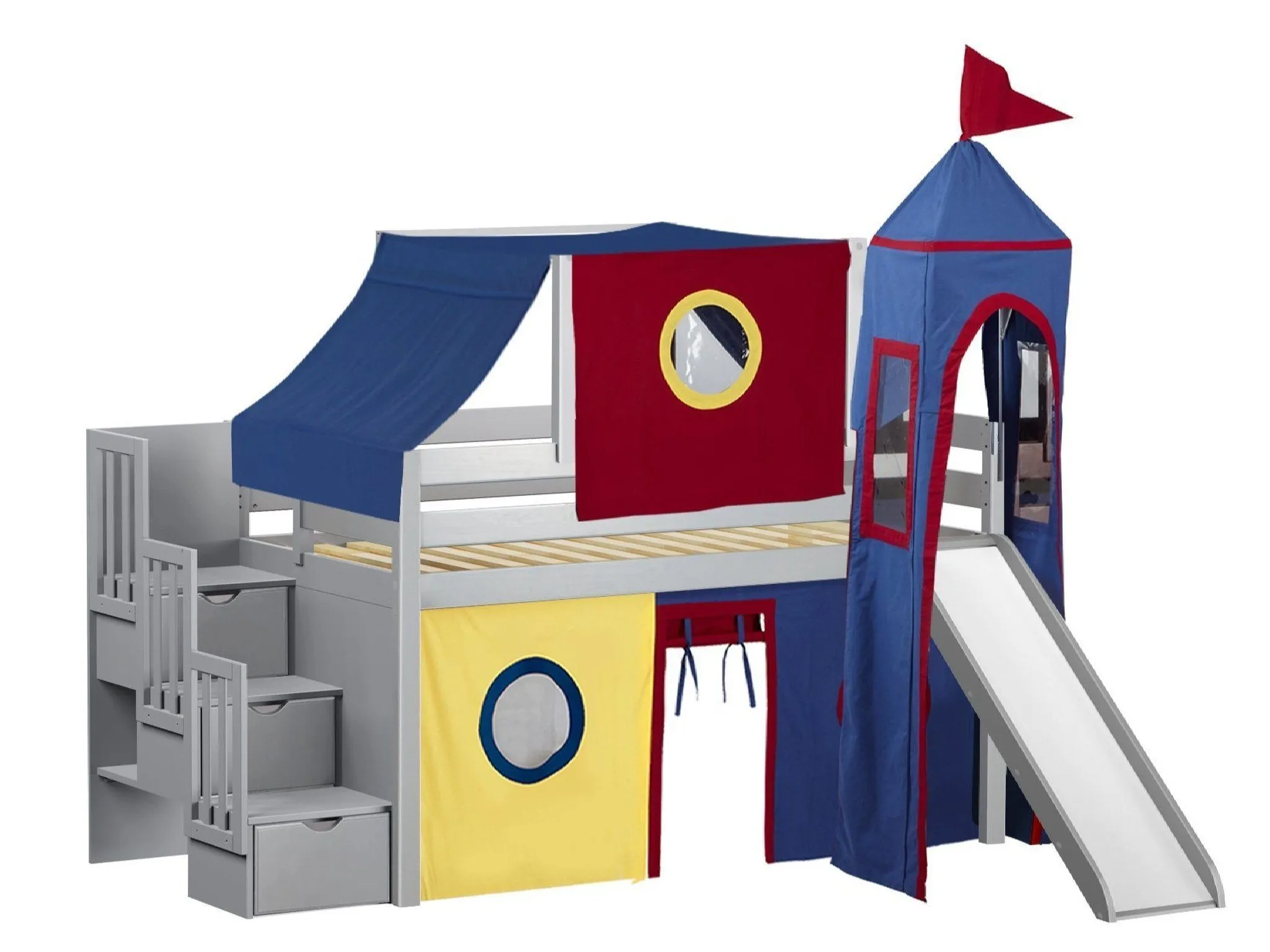 Castle Twin Loft Bed GRAY, Stairs Slide Red Blue Yellow Tent