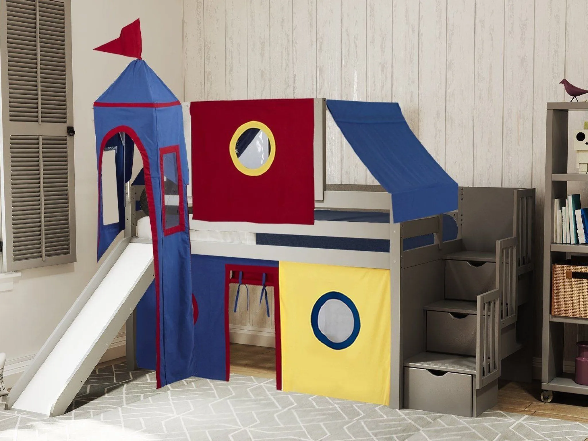 Castle Twin Loft Bed GRAY, Stairs Slide Red Blue Yellow Tent