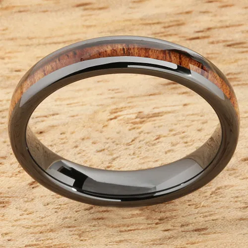 High Tech Black Ceramic Natural Koa Wood Oval Wedding Ring 4mm