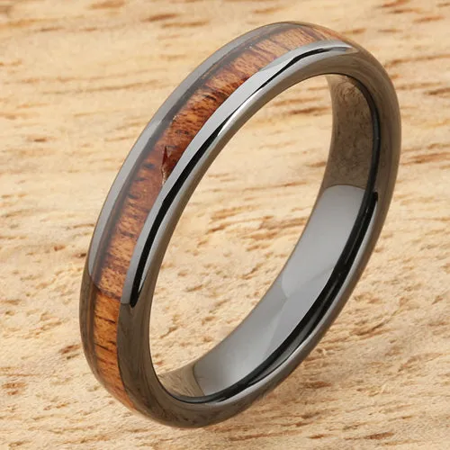 High Tech Black Ceramic Natural Koa Wood Oval Wedding Ring 4mm