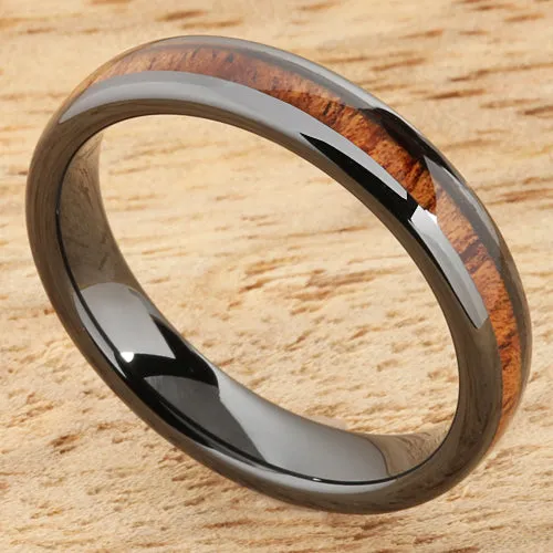 High Tech Black Ceramic Natural Koa Wood Oval Wedding Ring 4mm