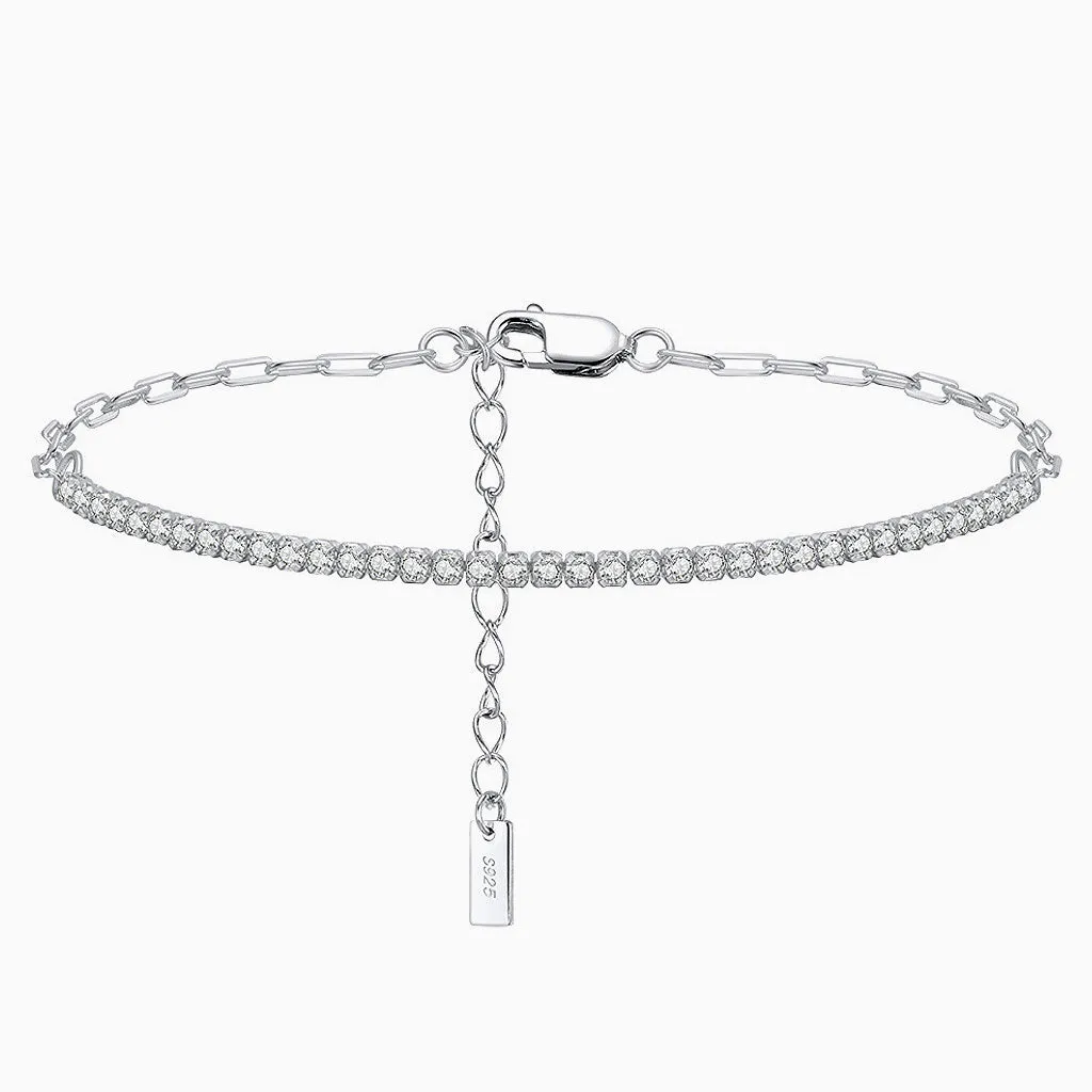 Iced Out Cubic Zirconia Sterling Silver Paperclip Link Half Tennis Bracelet