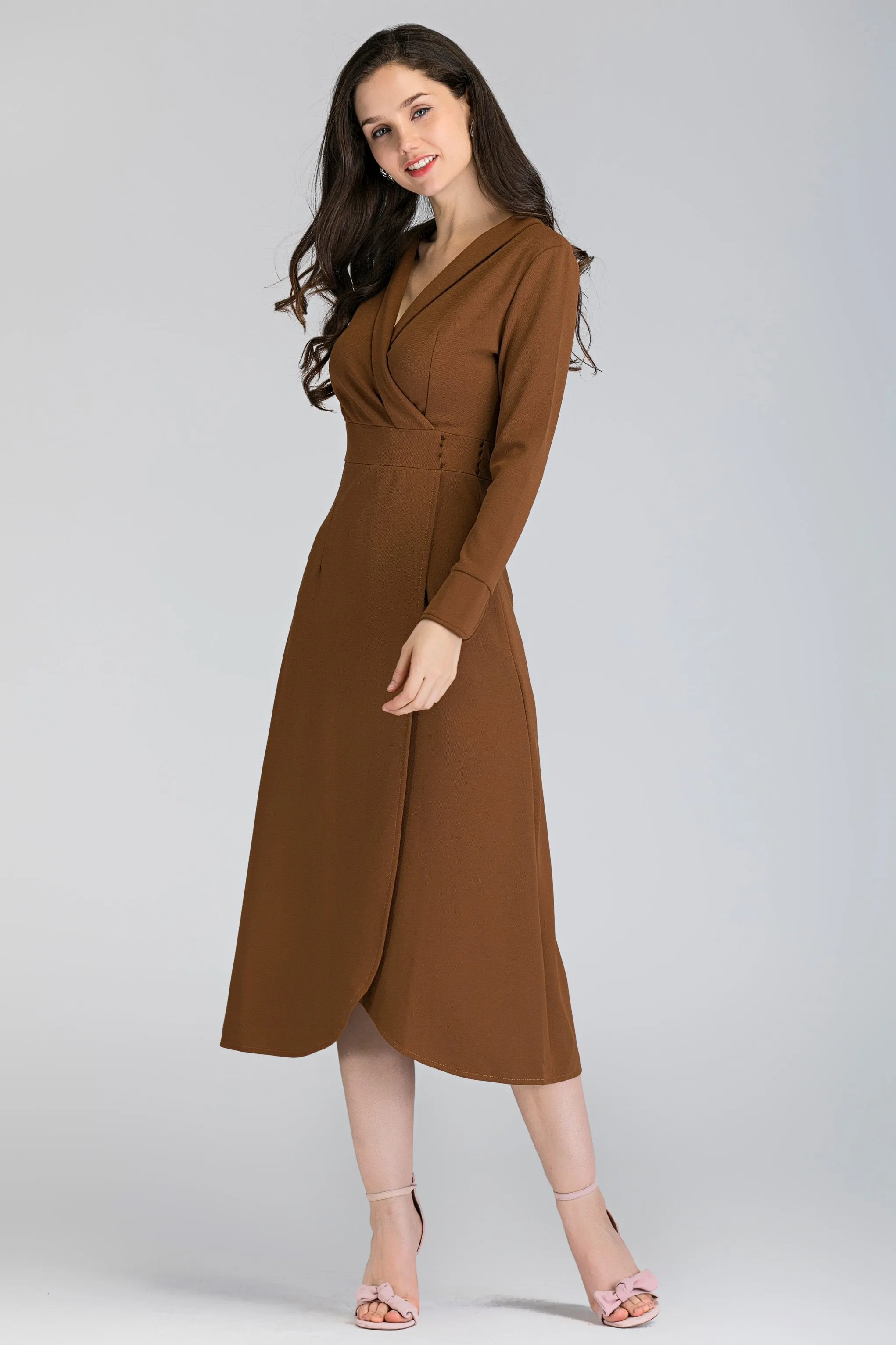 Mocha Long Sleeves Side Lace Tassel Midi Dress