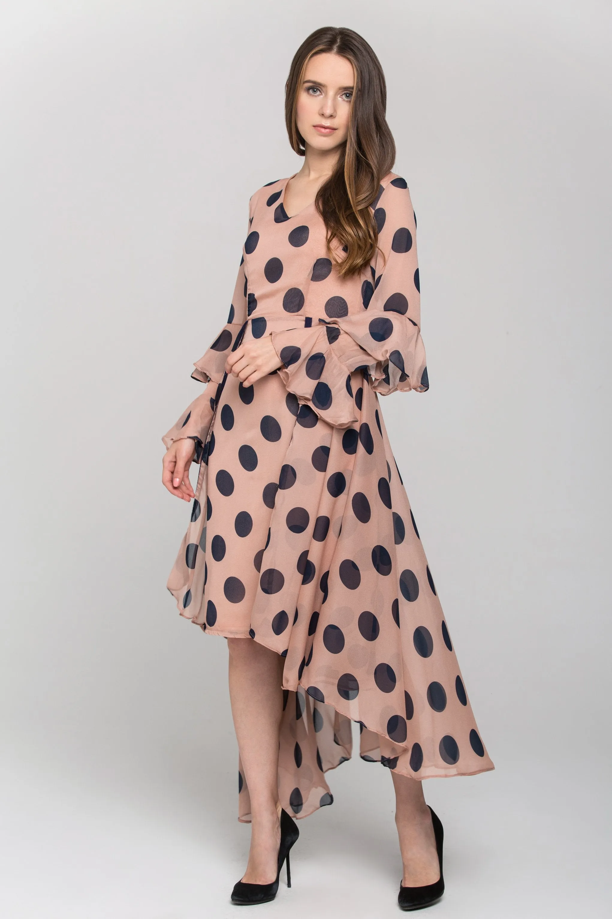 Pink and Blue Polka Dot Ruffled Chiffon Midi Dress