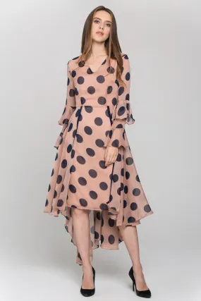 Pink and Blue Polka Dot Ruffled Chiffon Midi Dress