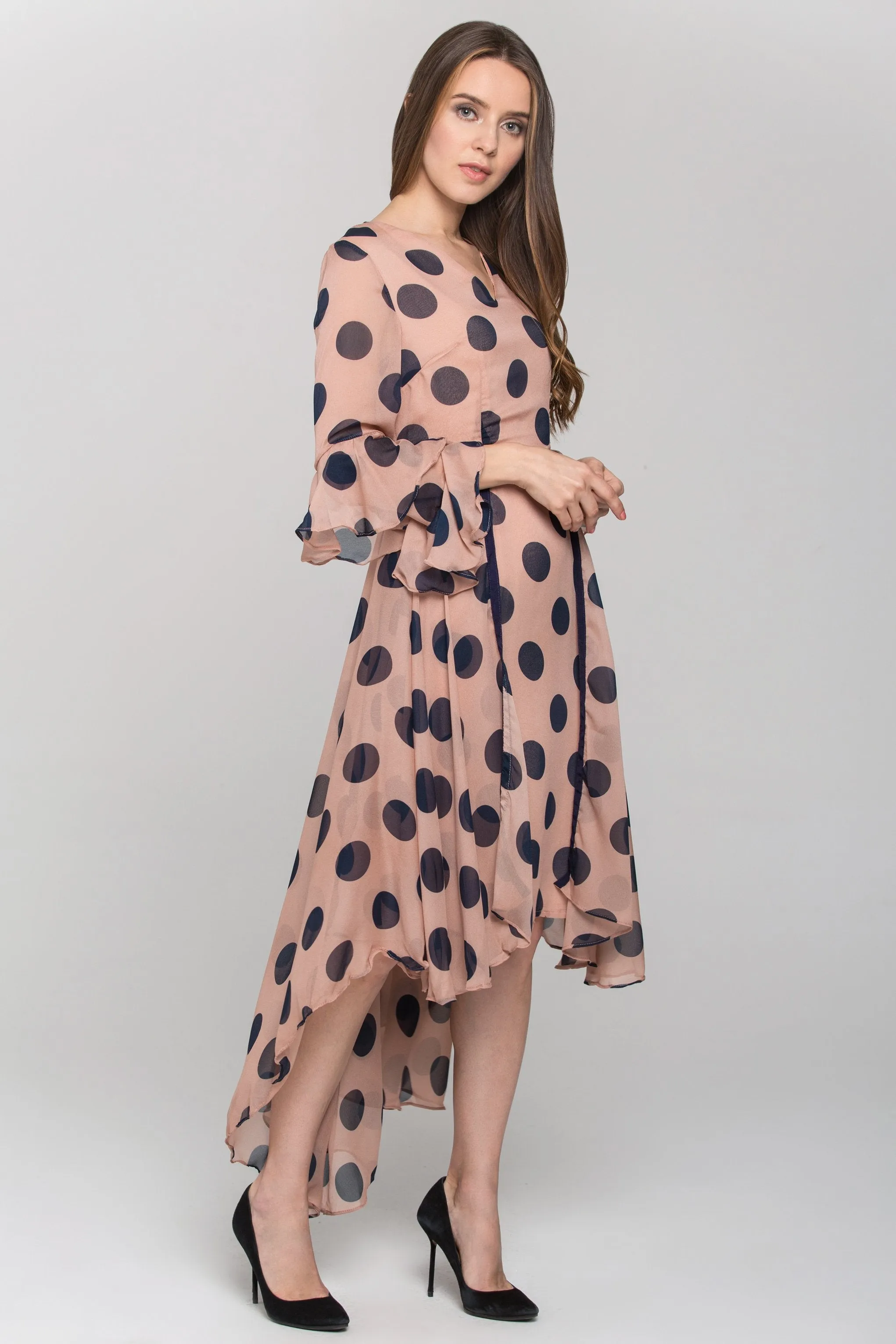 Pink and Blue Polka Dot Ruffled Chiffon Midi Dress