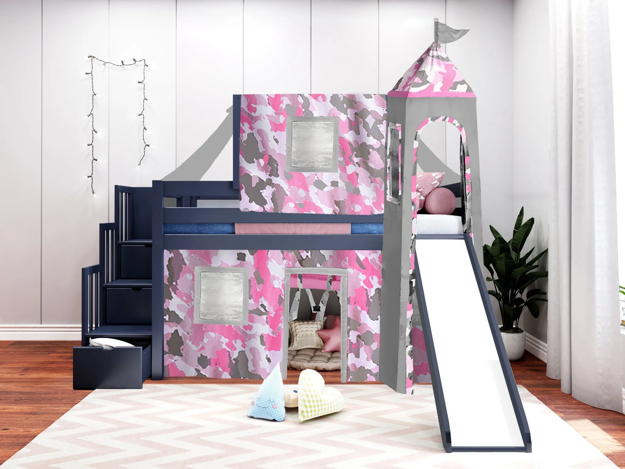 Princess Twin Loft Bed BLUE, Stairs Slide Pink Camo Tent