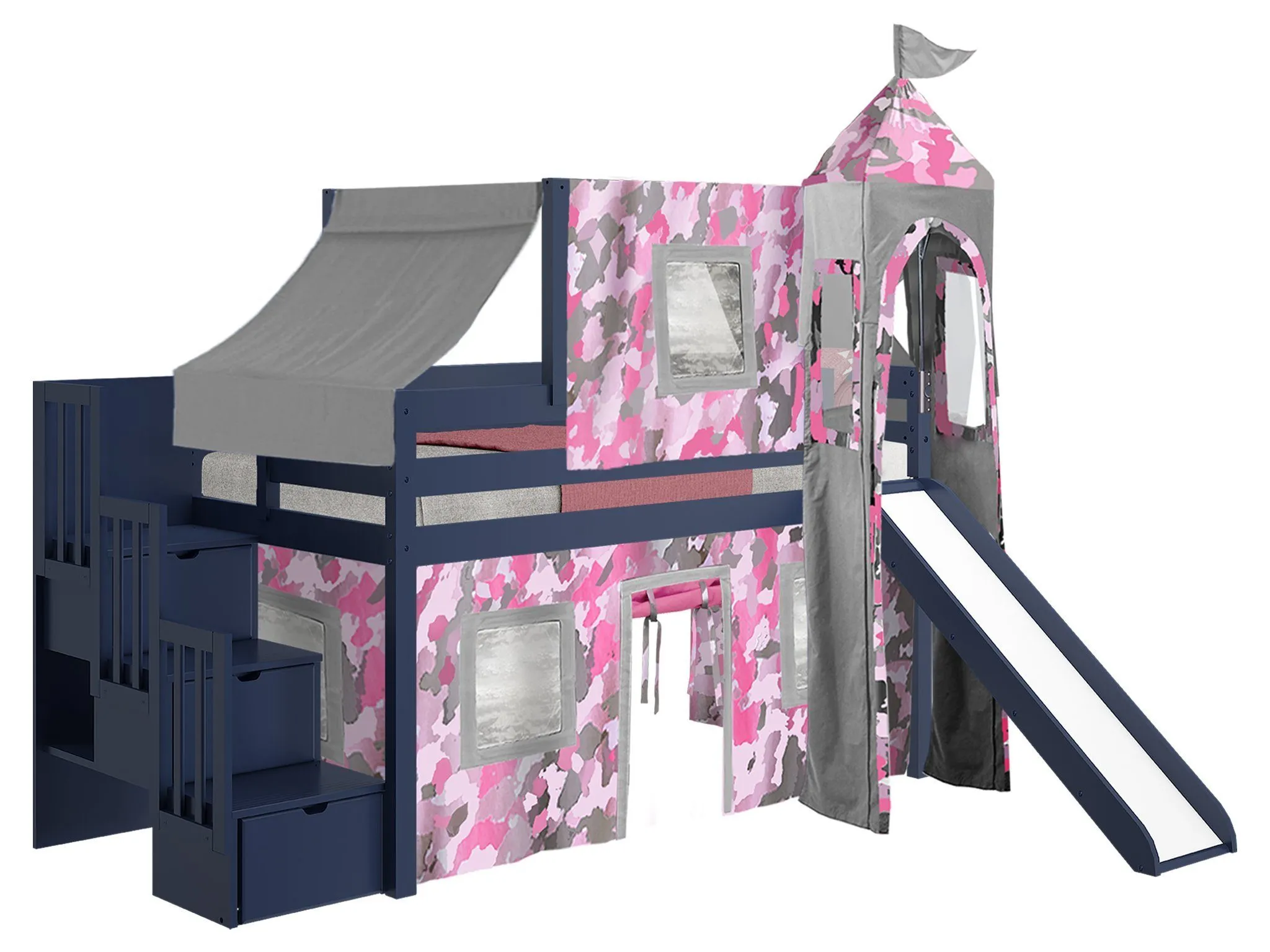 Princess Twin Loft Bed BLUE, Stairs Slide Pink Camo Tent