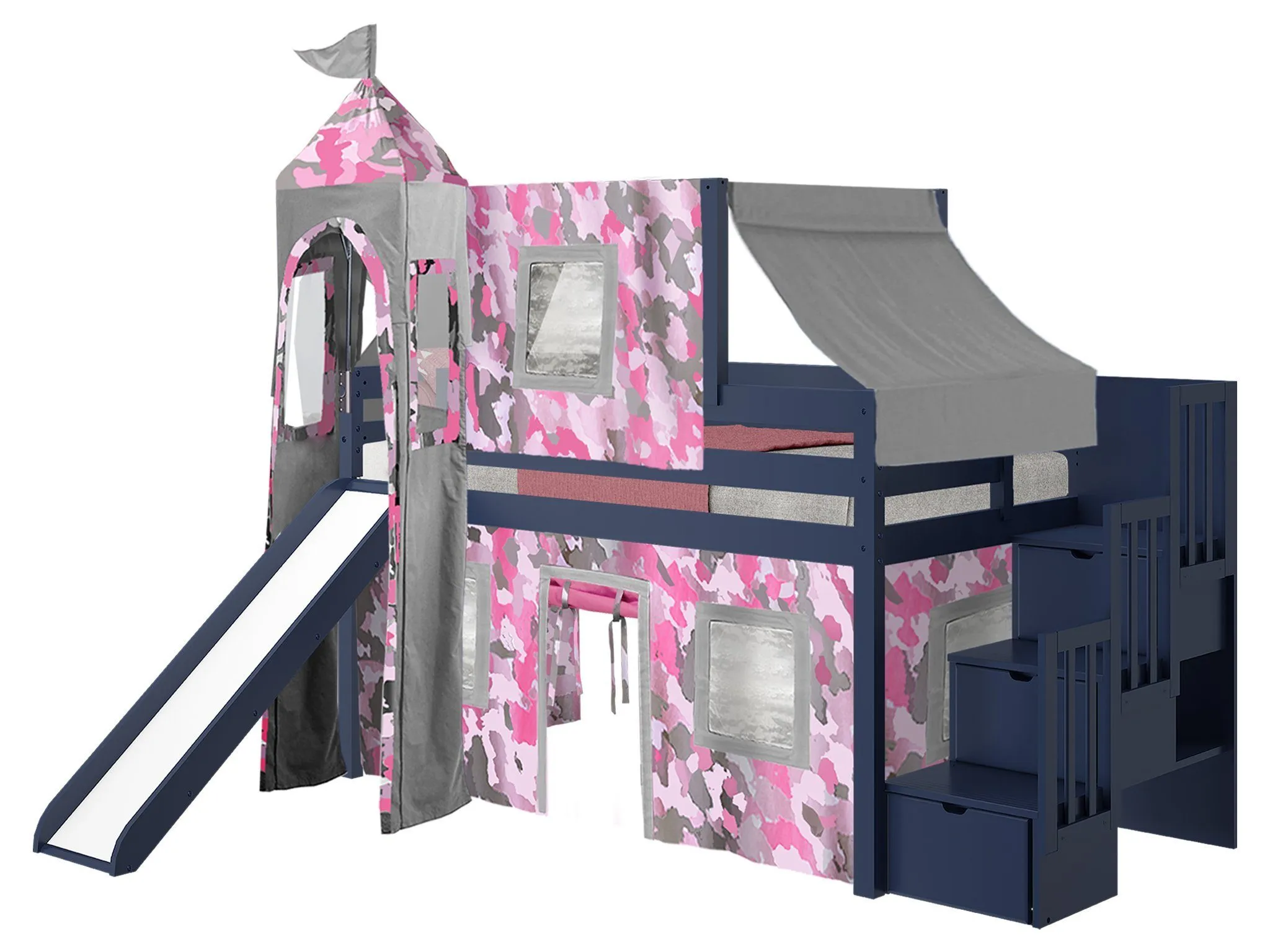 Princess Twin Loft Bed BLUE, Stairs Slide Pink Camo Tent