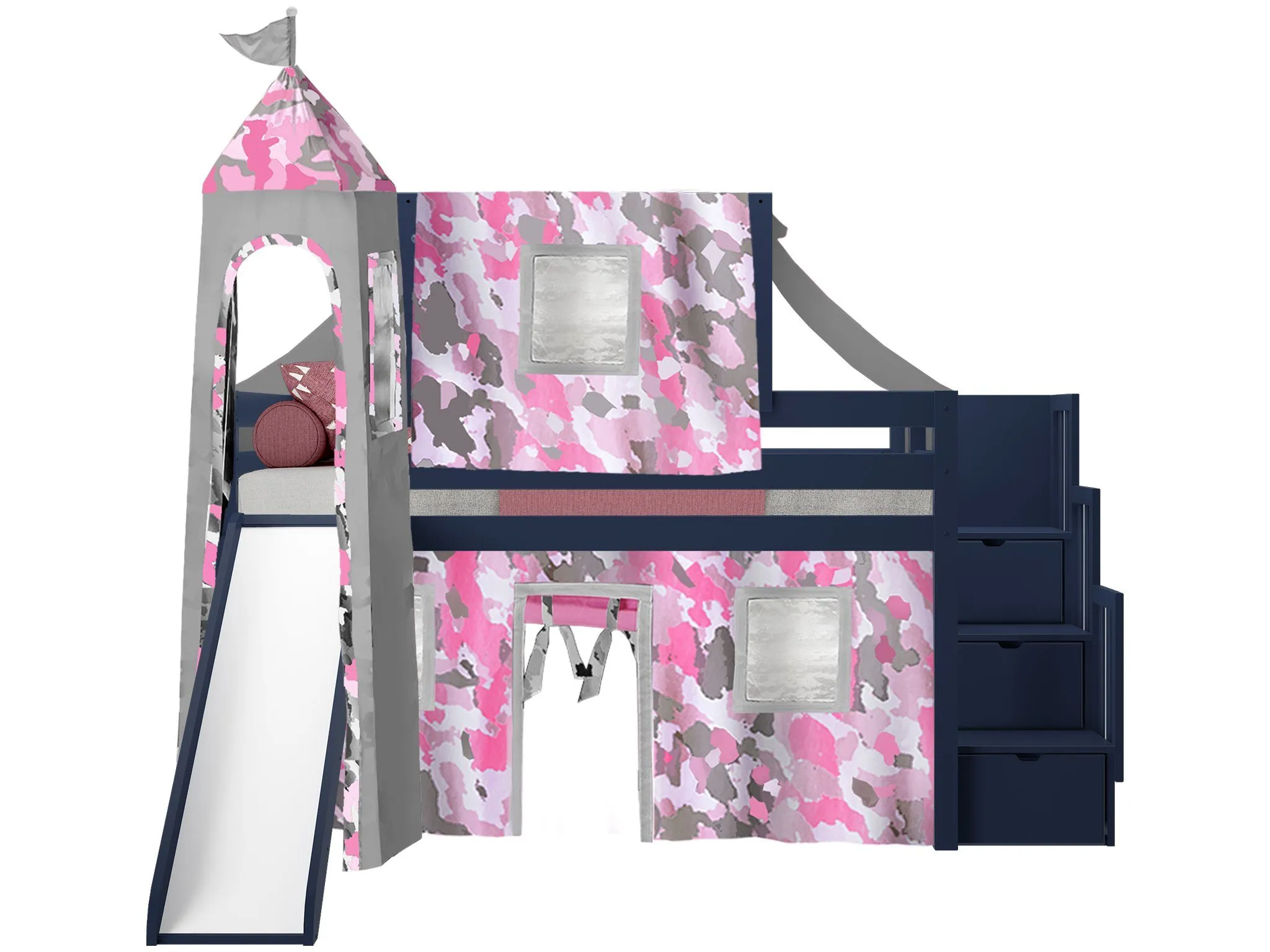 Princess Twin Loft Bed BLUE, Stairs Slide Pink Camo Tent