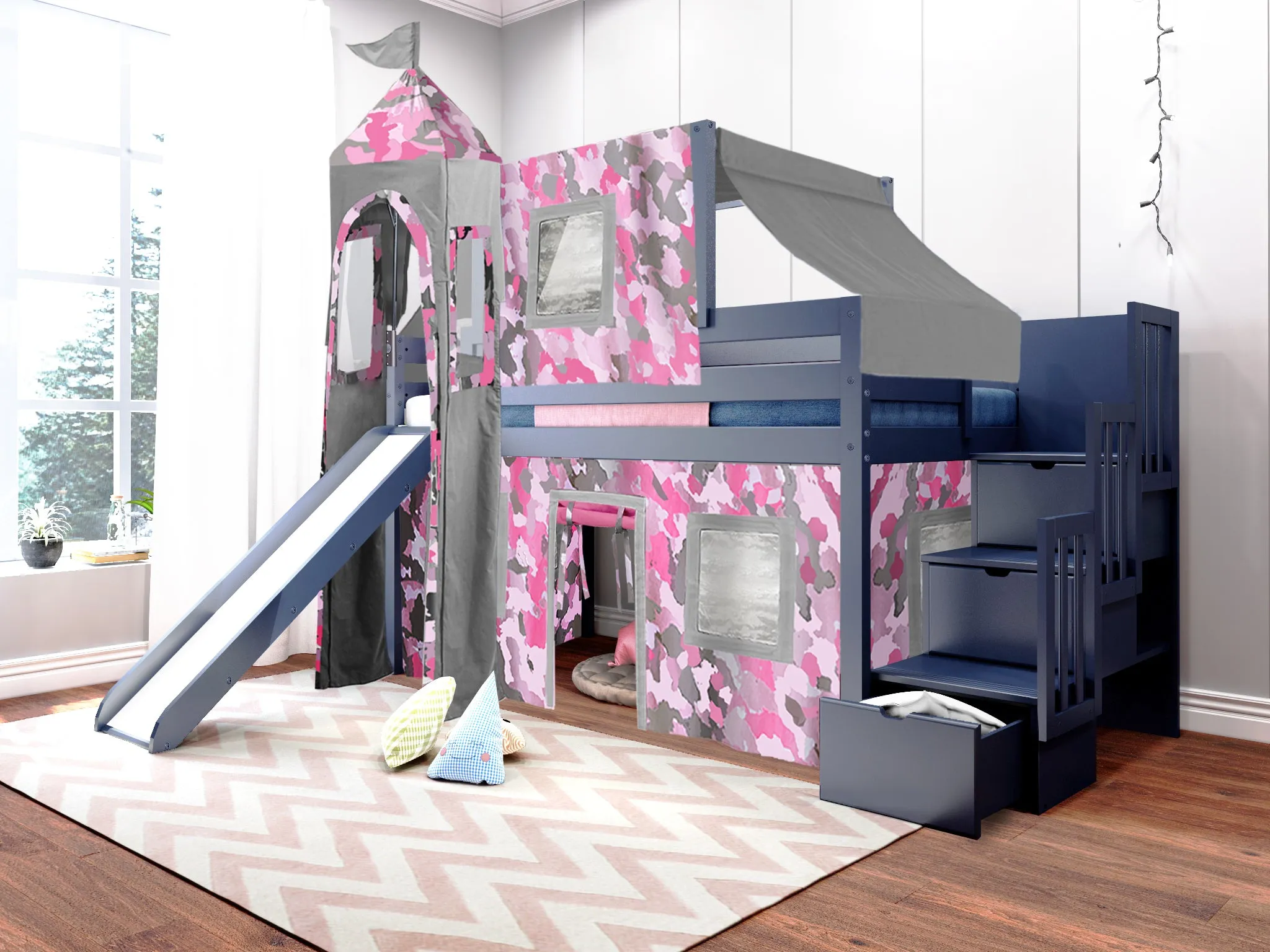 Princess Twin Loft Bed BLUE, Stairs Slide Pink Camo Tent