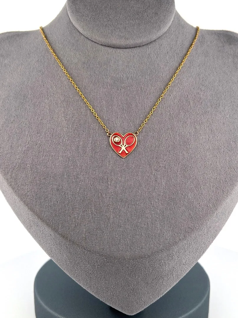 Red Enamel Heart   Diamond Gold Necklace Tennis Necklace