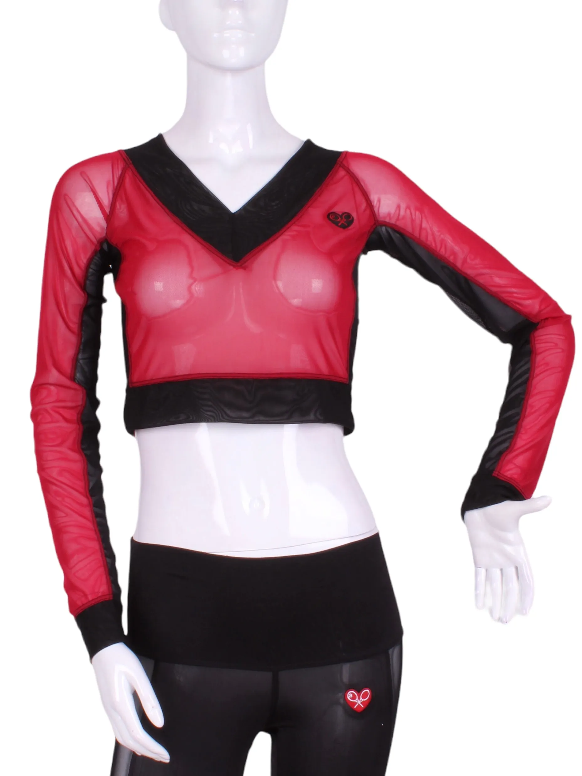 Red Mesh Vee Crop Top with Black Mesh