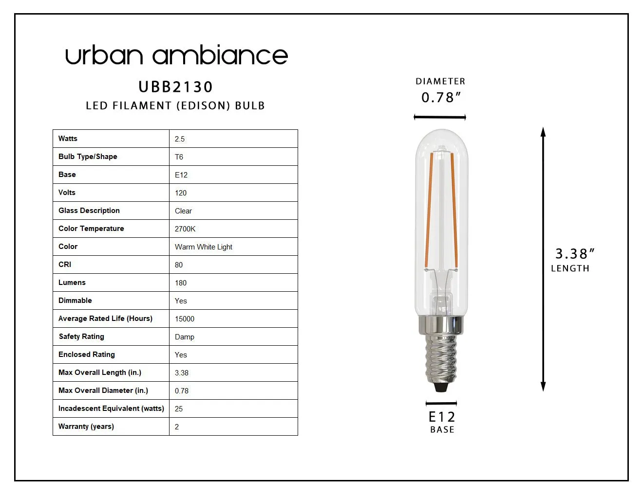 UBB2130 Luxury LED Bulbs, 25W Equivalent, Vintage Edison Style, T6 Shape, E12 Base (candelabra base), 2700K (warm white) - 4 PACK